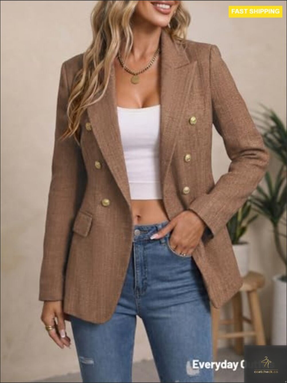 Plaid Tweed Blazer Jacket Fully Lined Business Casual Work Coat with Pockets - Picture 2 of 6